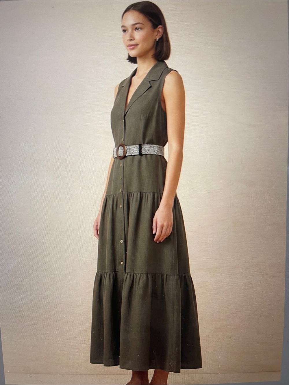 NWOT Ellen Tracy Olive Sleeveless Maxi Dress with Woven Belt & Wood Buckle